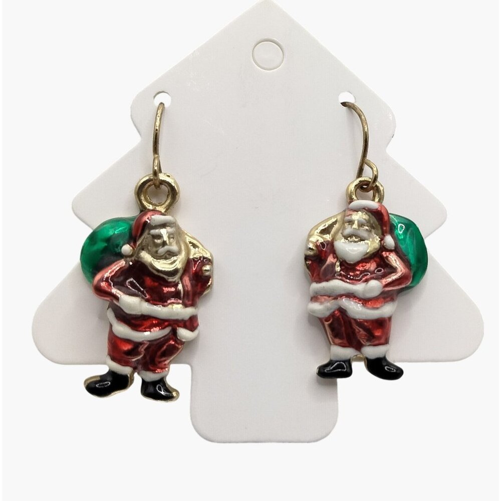 Santa Claus Drop Earrings Christmas Jewelry Festive Holiday Red Green Enamel